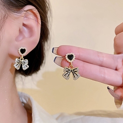 Bowknot Alloy Stud Earring, with Sterling Silver Pin, Plastic Bead and Rhinestone, Bowknot, 22mm