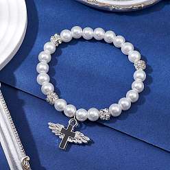 Черный Браслеты из латунных и стеклянных бусин-жемчужин для женщин, крест очарование, чёрные, внутренний диаметр: 2-1/8 дюйм (5.4 см)