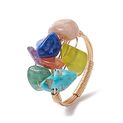 Mixed Stone Natural & Synthetic Mixed Gemstone Chips Beaded Chakra Theme Fringer Ring, Golden Copper Wire Wrap Finger Ring, US Size 8 1/4(18.3mm)