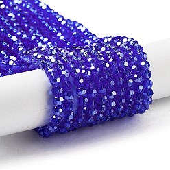 Синий Гальванизируйте прозрачное стекло бисер нитей, граненый (32 граней), круглые, гальваническое покрытие, синие, 4 мм, отверстие : 0.7 мм, около 87~93 шт / нитка, 32~33 см