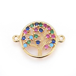 Golden Brass Micro Pave Cubic Zirconia Links, Flat Round with Tree of Life, Colorful, Golden, 14.5~15x19.5~21x2.5mm, Hole: 1.2mm