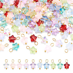 Couleur Mélangete 100pcs 10 couleurs breloques étoiles en verre transparent, avec des boucles de cuivre, or, couleur mixte, 12mm, Trou: 3mm, 10 pcs / couleur