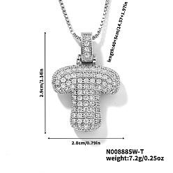 Letter T Элегантные латунные микропаве прозрачные кубические цирконии 3d начальные ожерелья, идеальный подарок для нее, платина, Письмо T, 15.75 дюйм (40 см)