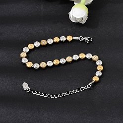 Flat Round Duo Tone 304 Stainless Steel Micro Pave Clear Cubic Zirconia Beaded Bracelets, Flat Round, 6.69 inch(17cm), Flat Round: 6x4mm