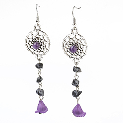 Snowflake Obsidian Natural Snowflake Obsidian and Natural Amethyst Beads Dangle Earrings, with Alloy and Iron Findings, Flat Round with Spider Web, Lovely Wedding Dress Angel Dangle, 95mm, Pin: 0.5mm, Pendants: 76x23x9mm