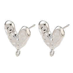 Platinum Brass Stud Earring Findings, Heart, with Loop, Long-Lasting Plated, Rack Plating, Platinum, 16x13mm, Hole: 1.5mm, Pin: 11x0.8mm