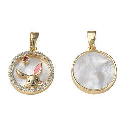 Creamy White Brass Micro Pave Cubic Zirconia Pendants, with Enamel and Natural Shell, Nickel Free, Real 18K Gold Plated, Flat Round with Rabbit, Creamy White, 16x14x3.5mm, Hole: 2.5mm