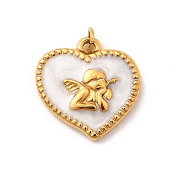 Белый 304 нержавеющей стальной эмали подвески, сердце с ангельскими подвесками, с целью перехода в кольце, ионное покрытие (ip), реальный 18 k позолоченный, белые, 15.5x15.5x2.5 мм, отверстие : 2.5 мм