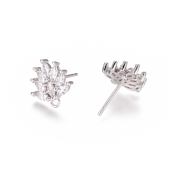 Platinum Brass Cubic Zirconia Stud Earring Findings, with Loop, Flower, Clear, Platinum, 12x11.5x2.5mm, Hole: 1mm, Pin: 0.8mm
