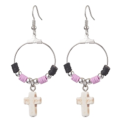 Beige Cross Synthetic Turquoise & Polymer Clay Dangle Earrings for Women, with Brass Earring Hooks, Beige, 69.5x29.5mm