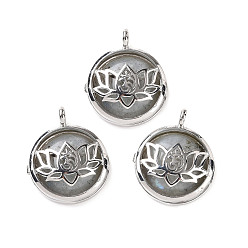 Лабрадорита Подвески-медальоны из натурального лабрадорита, плоские круглые прелести, с фурнитурой в виде лотоса из латуни с платиновым напылением, 31.5x27x9 мм, отверстие : 4.6 мм