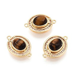 Настоящее золото 18K Латунные застежки с прозрачными фианитами и магнитными застежками, овальные, с петлями и тигровым глазом, реальный 18 k позолоченный, 18.5x12.5x8 мм, отверстие : 1.1~1.2 мм
