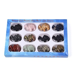 Mixed Stone Natural & Synthetic Mixed Gemstone Camel Shape Figurines Set, Ornament for Home Office Desktop Decoration, with Paper Gift Box, Mixed Dyed and Undyed, 35~39x46~53x15~20mm, about 12pcs/set