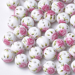 Hot Pink Printed & Spray Painted Glass Beads, Round with Flower Pattern, Hot Pink, 8~8.5x7.5mm, Hole: 1.4mm