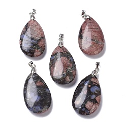 Лабрадорита Природные подвески лабрадорита, с латунной найти, слеза, 35x20x7.5~9 мм, отверстие : 4x3.5 мм