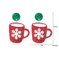 Снежинка Рождественские серьги-гвоздики из сплава, с акрилом, смолой и тканью, платина, снежинка с чашкой, 43x30 мм