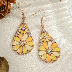 Золотистый Серьги-подвески из богемского сплава с эмалью, со стразами, слезинка с цветочным узором, золотые, золотые, 62x25 мм