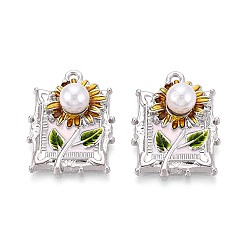 Платина Стойки обшивки сплава эмали подвески, прямоугольник и цветок, с ABS имитации жемчуга, платина, 27x20x9 мм, отверстие : 1.8 мм