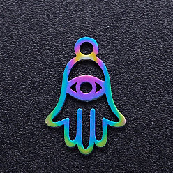 Rainbow Color Ионное покрытие (ip) 201 брелоки из нержавеющей стали, hamsa рука / рука fatima / рука miriam с глазом, Радуга цветов, 14.5x10x1 мм, отверстие : 1.5 мм