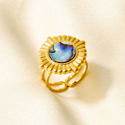 Настоящее золото 18K 304 Открытые кольца-манжеты из нержавеющей стали с натуральными ракушками для женщин, круглые, реальный 18 k позолоченный, 21 мм, внутренний диаметр: 17 мм