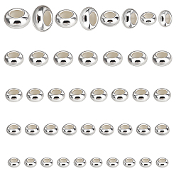 Посеребрённый 80 шт 4 стили латунные бусины, с резиной внутри, ползунки, долговечный, рондель, 925 серебро покрытием, 5~8x2.5~4 мм, резиновое отверстие: 1.2~2 мм, 20 шт / стиль