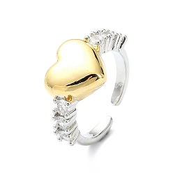 Сердце Покрытие стойки латунь микро паве цирконий открытые манжеты кольца, без кадмия и без свинца, долговечный, сердце, внутренний диаметр: 17 мм