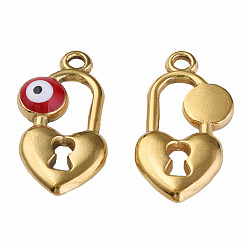Темно-Красный 304 нержавеющей стальной эмали подвески, сердце замок со сглазом, золотые, темно-красный, 20x11x3 мм, отверстие : 1.8 мм