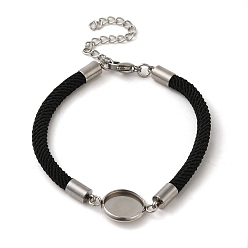 Black Milan Cord & 304 Stainless Steel Bracelets Making, with Round Tray, Black, Tray: 10mm, 7-1/4 inch(18.4cm)