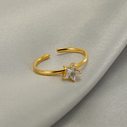 Звезда 304 Кольца-манжеты из нержавеющей стали с микропаве из прозрачного кубического циркония для женщин, золотые, звезда, внутренний диаметр: 20 мм