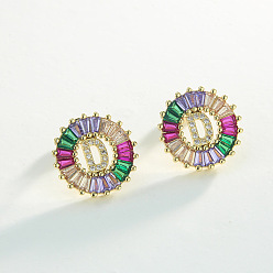 Letter D Серьги-гвоздики из латуни с разноцветными кубическими цирконами, плоско-круглые, золотые, Буква D, 16x16 мм