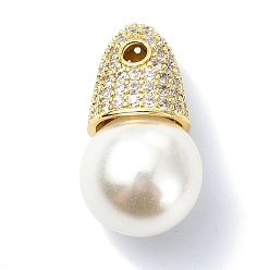 Echt 18 k vergoldet Rack-Plattierung Messing ebnen klare Zirkonia-Perlen, mit Kunststoffperlenimitat, langlebig überzogen, Bleifrei und cadmium frei, Runde, echt 18 k vergoldet, 25x13.5 mm, Bohrung: 2.5 mm