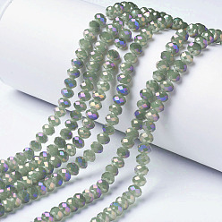 Темный Морско-зеленый Стеклянные бусины с гальваническим покрытием , имитация нефрита, с полным покрытием цвета радуги, граненые, рондель, темно-зеленый, 6x5 мм, отверстие : 1 мм, около 85~88 шт / нитка, 16.1~16.5 дюйм (41~42 см)