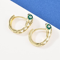 Белый Латунные микро проложить серьги обруча кубического циркония, без кадмия и без свинца, с эмалью, змея, реальный 18 k позолоченный, белые, 20x21x7.5 мм