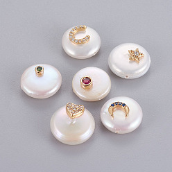 Golden Natural Cultured Freshwater Pearl Beads, with Brass Cubic Zirconia Findings, Flat Round, Golden, 13.5~15x6~7mm, Hole: 0.8mm