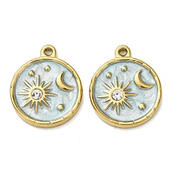 Небесно-голубой 304 подвески из нержавеющей стали, с эмалью и горный хрусталь, плоские круглые подвески и подвески в виде солнца и луны, реальный 18 k позолоченный, ионное покрытие (ip), голубой, 19x16x2.5 мм, отверстие : 1.2 мм