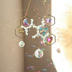 Аквамарин Подвеска из натурального аквамарина, сотовые подвесные ловцы солнца, украшение дома, с латунной фурнитурой и стеклянным круглым шармом, золотые, 200x140 мм