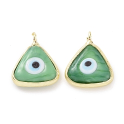 Dark Sea Green Handmade Evil Eye Lampwork Charms, with Real 18K Gold Plated Tone Brass Findings, Triangle Charm, Dark Sea Green, 12x13x4mm, Hole: 2mm