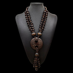 Кокосово-Коричневый Ожерелье в стиле бохо из кокоса и дерева ручной работы в этническом стиле с подвеской в виде пончика, длинными кисточками и бусинами для пляжного отдыха., кокосового коричневый, 34.65 дюйм (88 см)