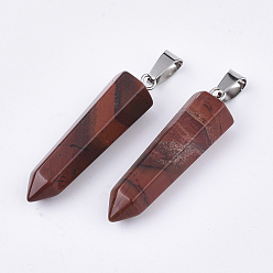 Красная Радужная Яшма Подвески из натуральной красной радуги с яшмой, с латунной фурнитурой платинового цвета, пуля, 35~37x10~11x9~10 мм, отверстие : 6~7x2.5~4 мм