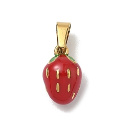 Клубника 304 Подвески из нержавеющей стали с эмалированными фруктами и овощами, с 201 защелкой из нержавеющей стали на поручнях, ионное покрытие (ip), золотые, красные, клубника, 12.5x8x7.5 мм, отверстие : 5x2.5 мм