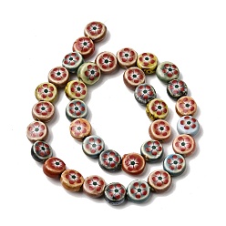 Couleur Mélangete Perles plates rondes en porcelaine à motif floral faites à la main, Perles en céramique vintage à motif de fleur rouge à cinq pétales, couleur mixte, 11~12x7mm