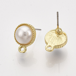 Light Gold Alloy Stud Earring Findings, with ABS Plastic Imitation Pearl, Steel Pins and Loop, Flat Round, Creamy White, Light Gold, 12.5x9mm, Hole: 1.2mm, Pin: 0.7mm