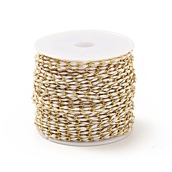 White Brass Enamel Curb Chains, Soldered, with Spools, Real 18K Gold Plated, White, 7x3x1.7mm