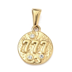 Золотой Текстурированные 304 подвески из нержавеющей стали, плоский круглый с подвеской в виде цифры 7, со стразами, золотые, 18x15x3 мм, отверстие : 7x3.7 мм