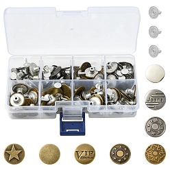 Mixed Color Iron Button Pins for Jeans, Garment Accessories, Flat Round with Pattern, Mixed Color, 6pattern, 17x7.5mm, Hole: 1.8mm, Pin: 7.5x8mm, Knob: 2.5mm, 80set/box
