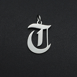 Letter T Не тускнеющие 304 подвески из нержавеющей стали, с целью перехода в кольце, старый английский, буквы, лазерная резка, цвет нержавеющей стали, letter.t, 17x12x1 мм, отверстие : 3 мм