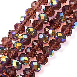 Фиолетовый Гальванизируйте прозрачное стекло бисер нитей, рондель, с покрытием AB цвета, с половиным покрытием, граненые, фиолетовые, 6x4 мм, отверстие : 1 мм, около 98~100 шт / нитка, 16.93~18.39'' (43~46.7 см)