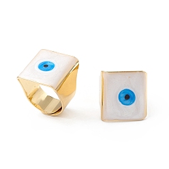 White Square Enamel with Evil Eye Wide Band Finger Rings, Real 18K Gold Plated Brass Adjustable Rings for Women Men, White, 18.5mm, Inner Diameter: 17mm