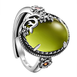 Olive Drab 925 Sterling Silver Adjustable Rings, with Grade AAA Cubic Zirconia, Oval with Flower, Antique Silver, Olive Drab, US Size 9, Inner Diameter: 19mm