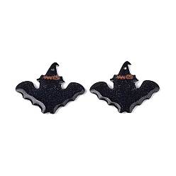 Bat Кулоны из эпоксидной смолы на Хэллоуин, с золотой фольгой и блестками, летучая мышь с подвеской в виде шляпы ведьмы из тыквы, 24x29.5x3 мм, отверстие : 1.2 мм